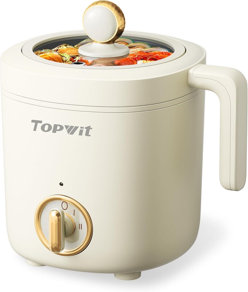 TopWit Hot Pot Electric Pot for Cooking, Ramen Cooker 1.2L, Non-Stick Portable Noodles Cooker for Pasta, Soup, Steak, Oatmeal, College Dorm Room Essentials, Shabu Shabu Pot with Power Adjustment,Beige - Image 1